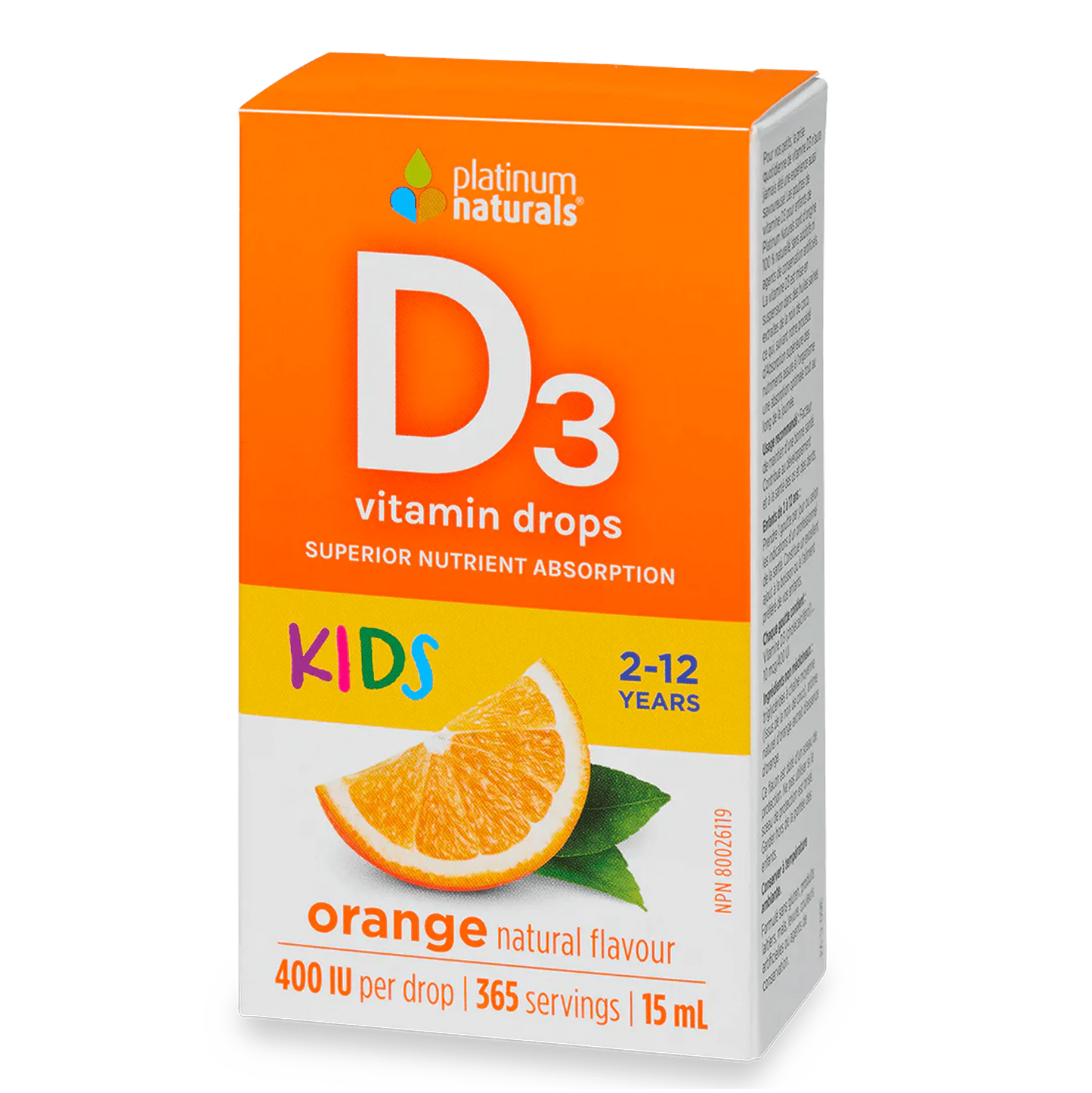 Platinum Naturals Vitamin D3 Drops 400 IU 15ml Orange Flavour for kids