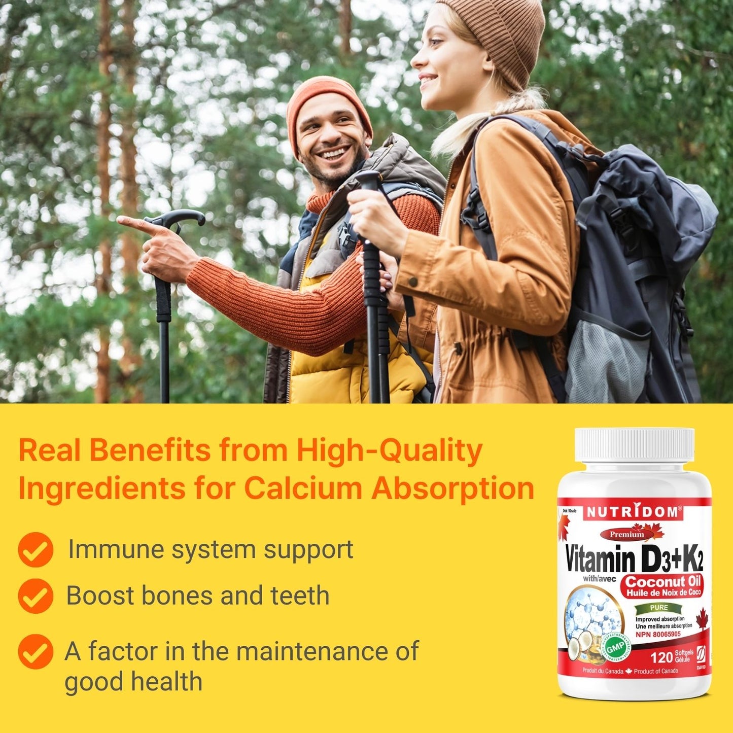 Nutridom Vitamin D3 + K2 with Coconut Oil, 120 Softgels