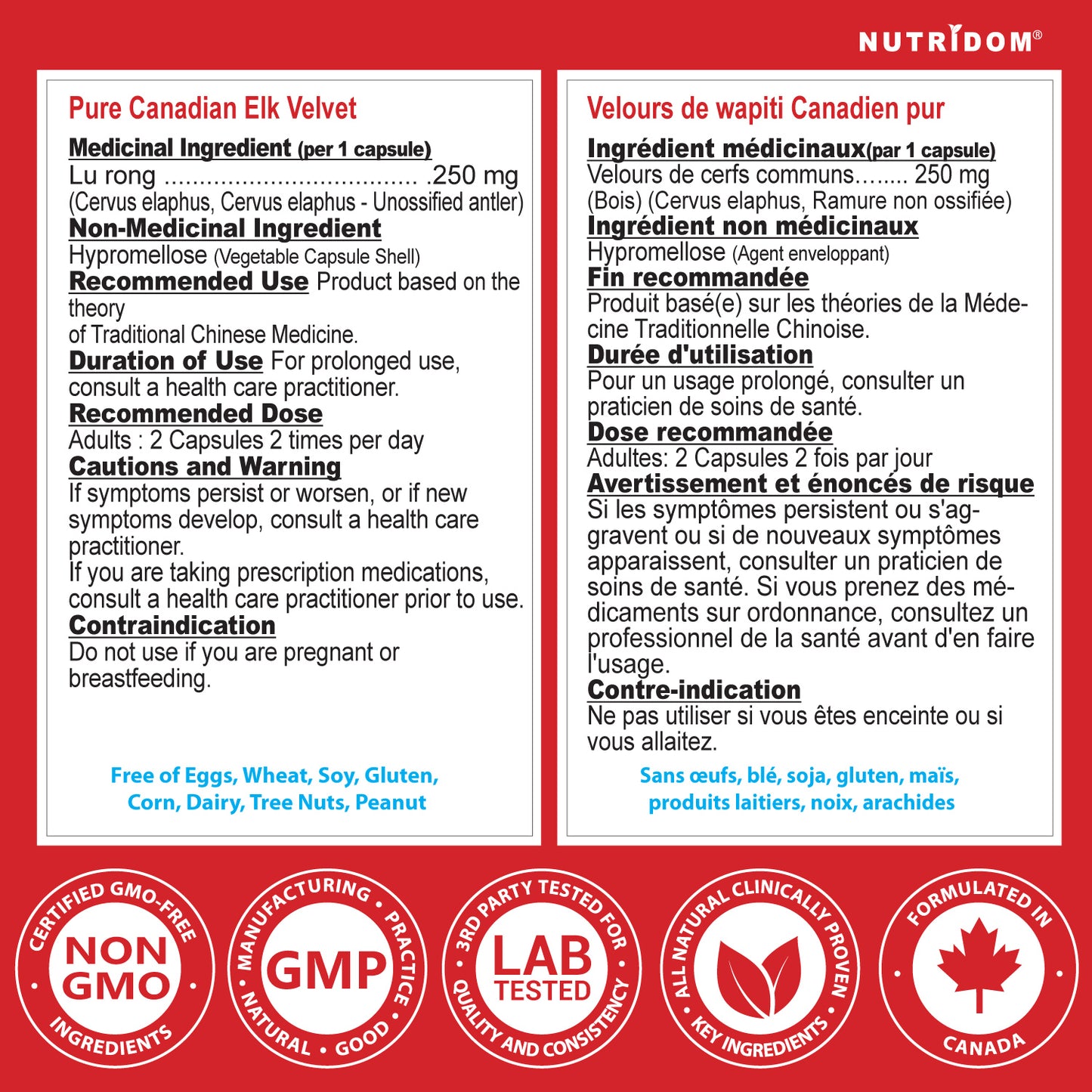 Nutridom Canadian Velvet Elk Antler, 250mg ,30 Veggie Capsules