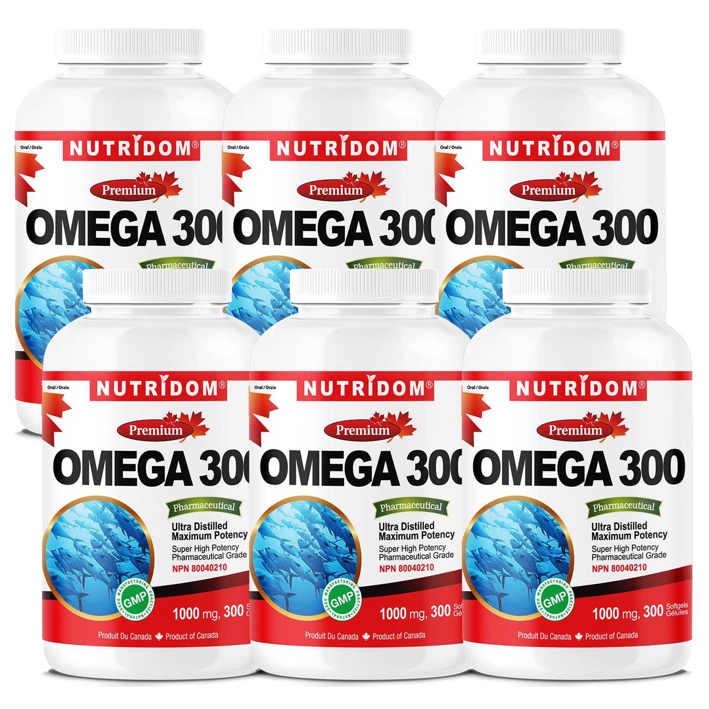 Nutridom Omega 300, Fish Oil, 1000mg, 300 Softgels - 6 PACK