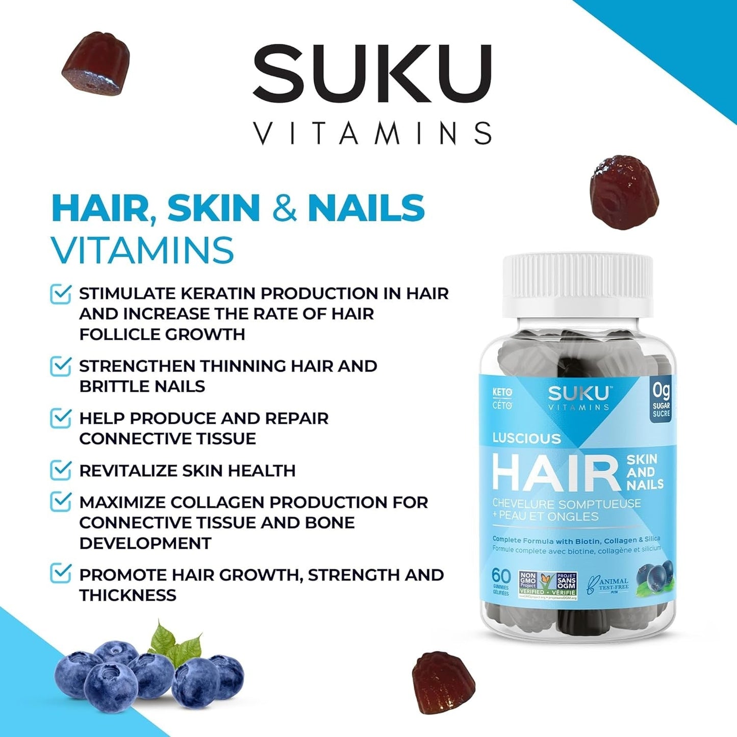 SUKU Vitamins Hair, Skin and Nails Multivitamin Gummies, Sugar Free, Keto, 2500mcg Biotin, Collagen, Silicon, Natural Gummy Vitamins for Healthy Skin and Hair Growth for Women and Men (60 Count)