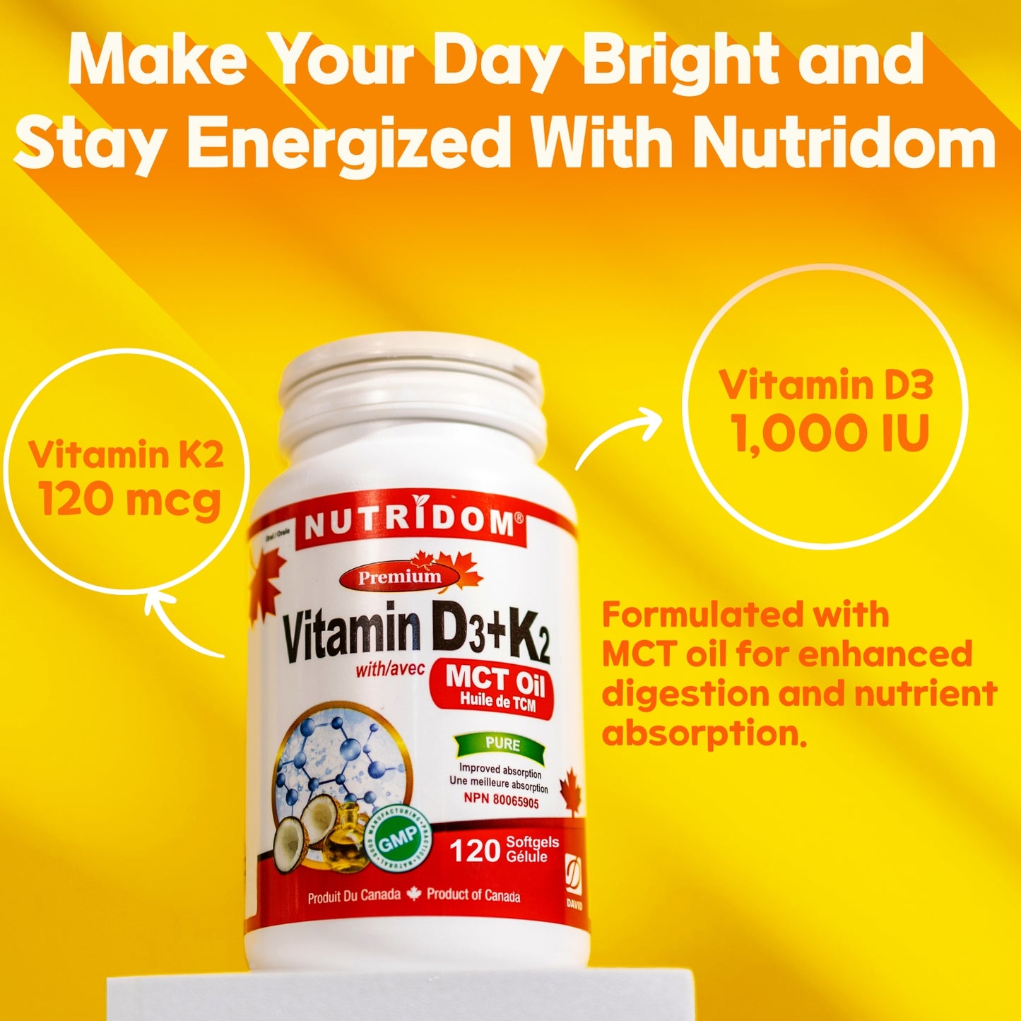 Nutridom Vitamin D3+K2 with MCT Oil 120 Softgels