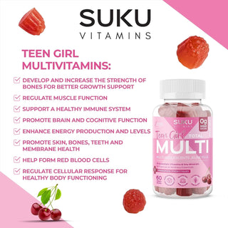 SUKU Vitamins Teen Girl Gummies – Sugar Free Vegetarian Gummy Vitamins Supplement with 19 Essential Nutrients Strengthens Bones, Muscles, Enhances Energy & Skin Health – Cherry Flavour (60 Count)