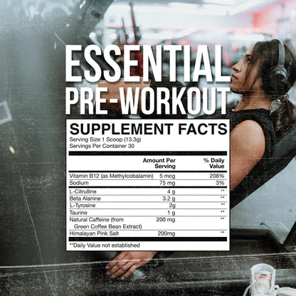 RAW Essential Pre-Workout Powder - Chris Bumstead Sports Nutrition Supplement for Men & Women - Preworkout Energy Powder with Caffeine, L-Citrulline, L-Tyrosine, & Beta Alanine Blend (Orange)