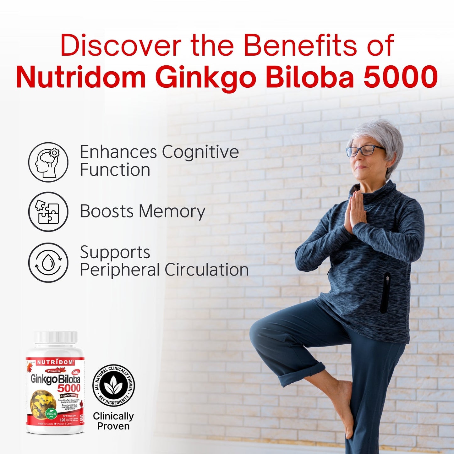 Nutridom Ginkgo Biloba 5000, 100 mg, 24% Flavones Glycoside & 6% Terpene Lactones, 120 Veggie Capsules