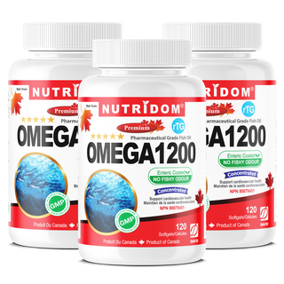 Nutridom Omega 1200 (rTG Omega 3) Fish Oil, EPA, DHA, 120 Softgels - 3 PACK