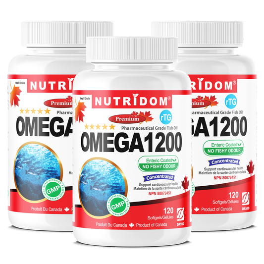 Nutridom Omega 1200 (rTG Omega 3) Fish Oil, EPA, DHA, 120 Softgels - 3 PACK