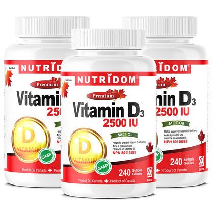 Nutridom Vitamin D3 (Cholecalciferol) with MCT Oil, 62.5 mcg (2500 IU), 240 Softgels - 3 PACK