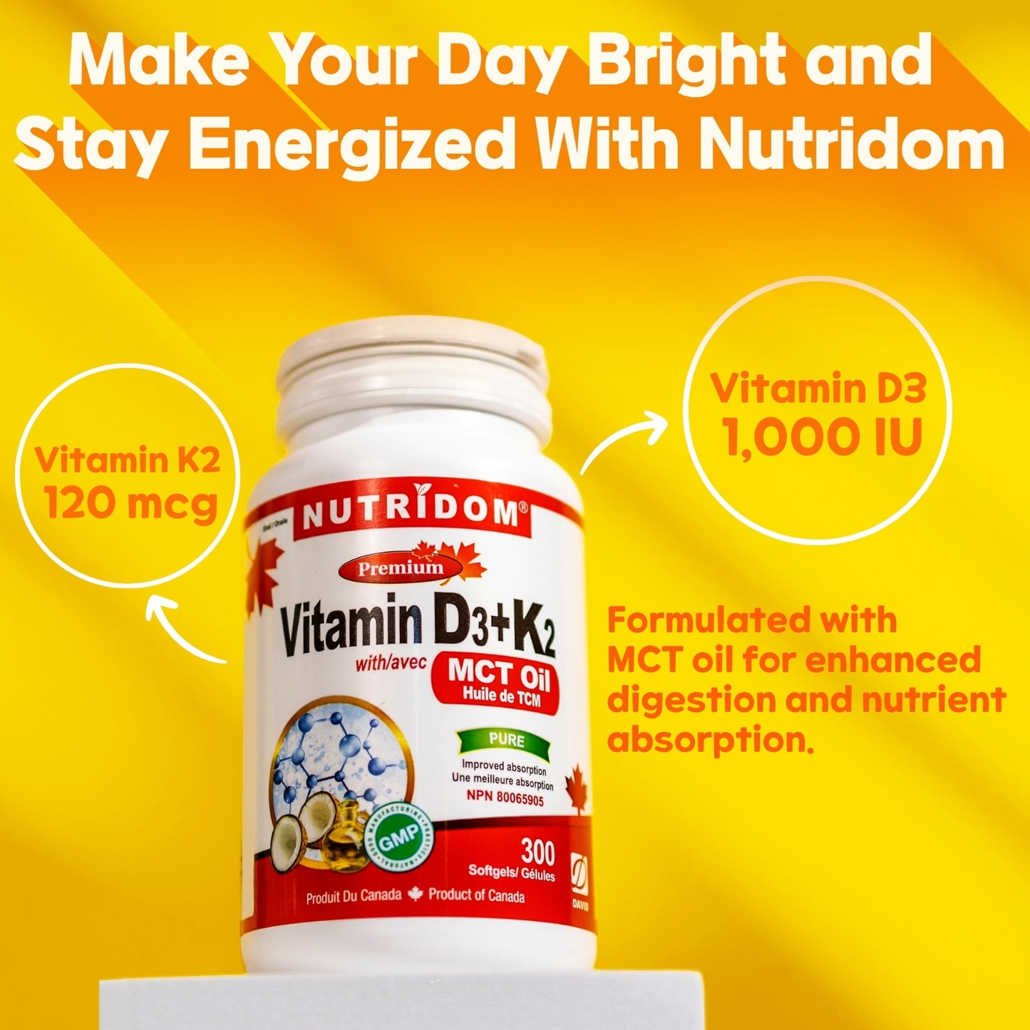 Nutridom Vitamin D3 + K2 with MCT Oil, 300 Softgels