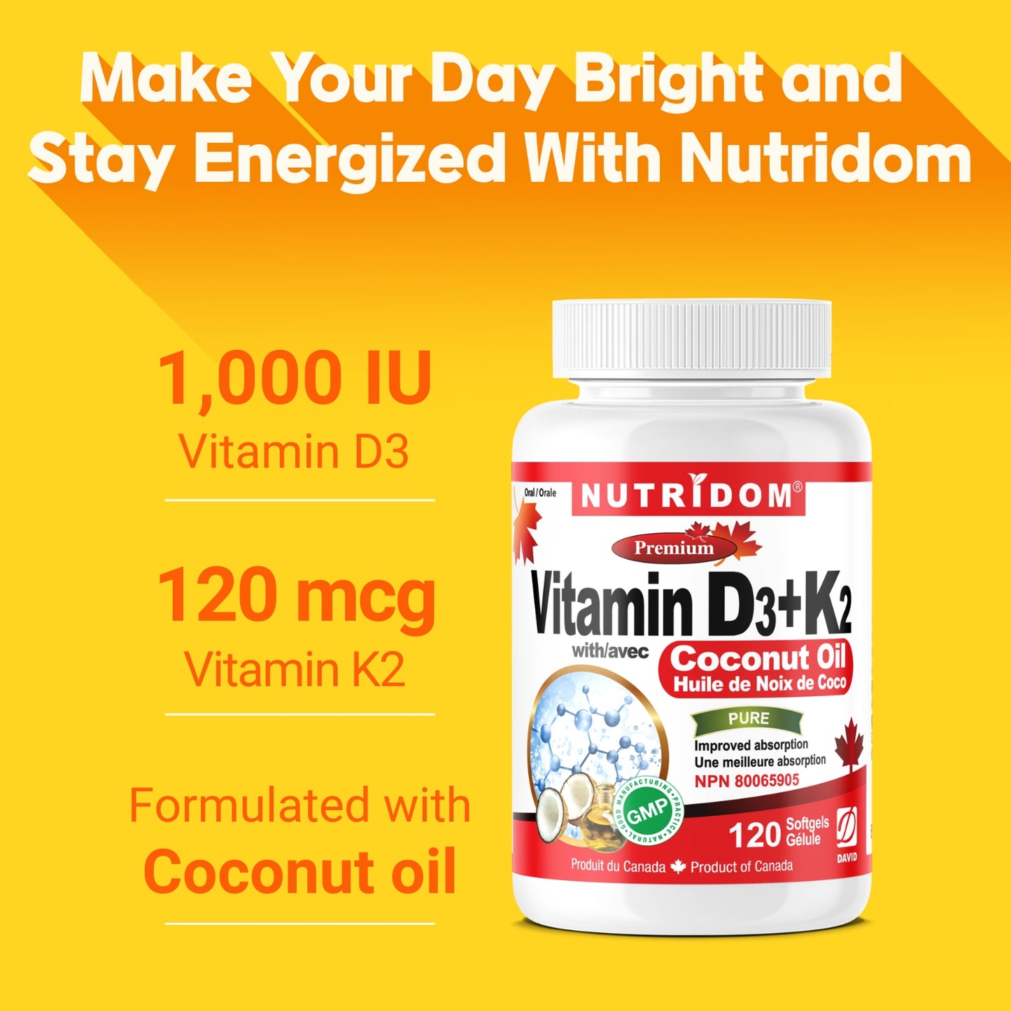 Nutridom Vitamin D3 + K2 with Coconut Oil, 120 Softgels