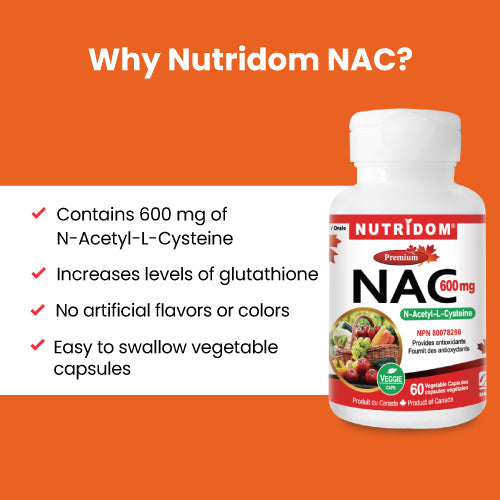 Nutridom NAC, N-Acetyl-L-Cysteine, 600 mg, 120 Veggie Capsules - 6 PACK