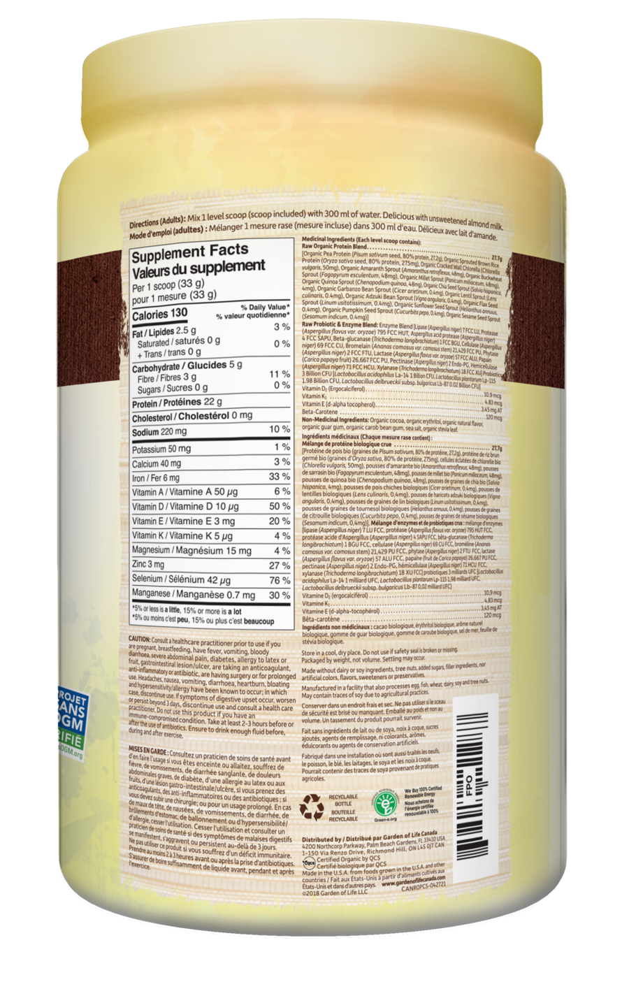 Garden of Life Raw Organic Vegan Protein Powder - Chocolate 660g