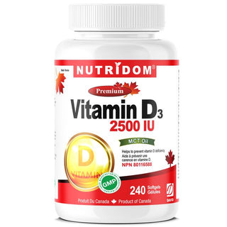 Nutridom Vitamin D3 (Cholecalciferol) with MCT Oil, 62.5 mcg (2500 IU), 240 Softgels