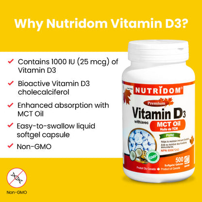 Nutridom Vitamin D3 with MCT Oil, 25 mcg (1,000 IU ), Cholecalciferol, 500 Softgels