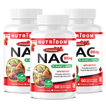 Nutridom NAC, N-Acetyl-L-Cysteine, 600 mg, 120 Veggie Capsules - 3 PACK