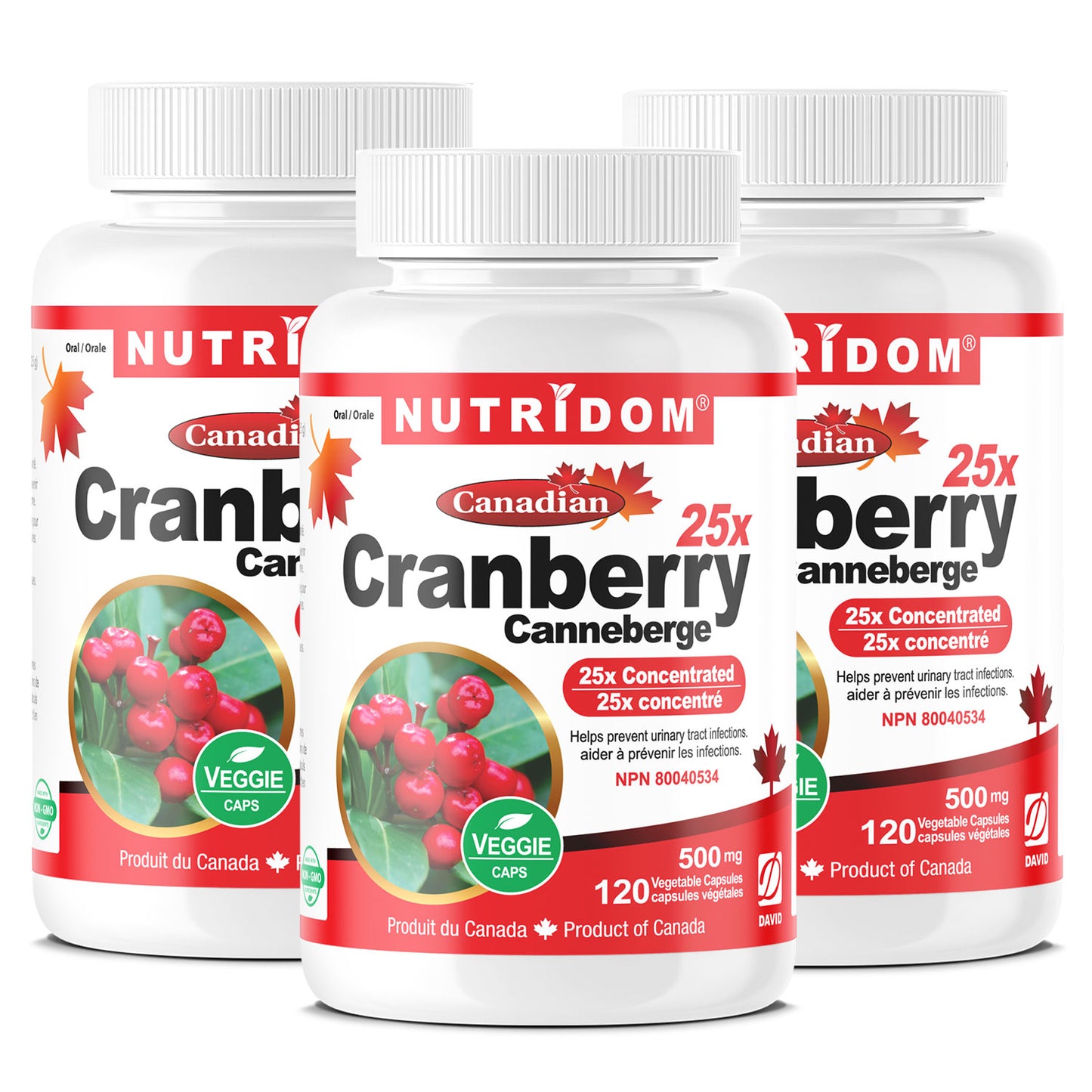 Nutridom Cranberry 25x, Canadian Whole Fruit Concentrate, 500 mg, UTI Support, 120 Veggie Capsules - 3 PACK