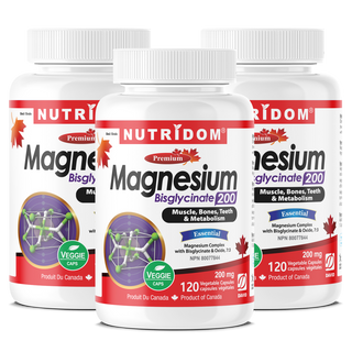 Nutridom Magnesium Bisglycinate, 200 mg, 120 Veggie Capsules - 3 PACK