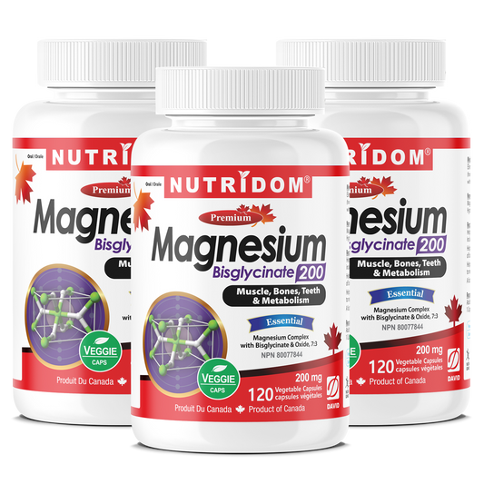 Nutridom Magnesium Bisglycinate, 200 mg, 120 Veggie Capsules - 3 PACK