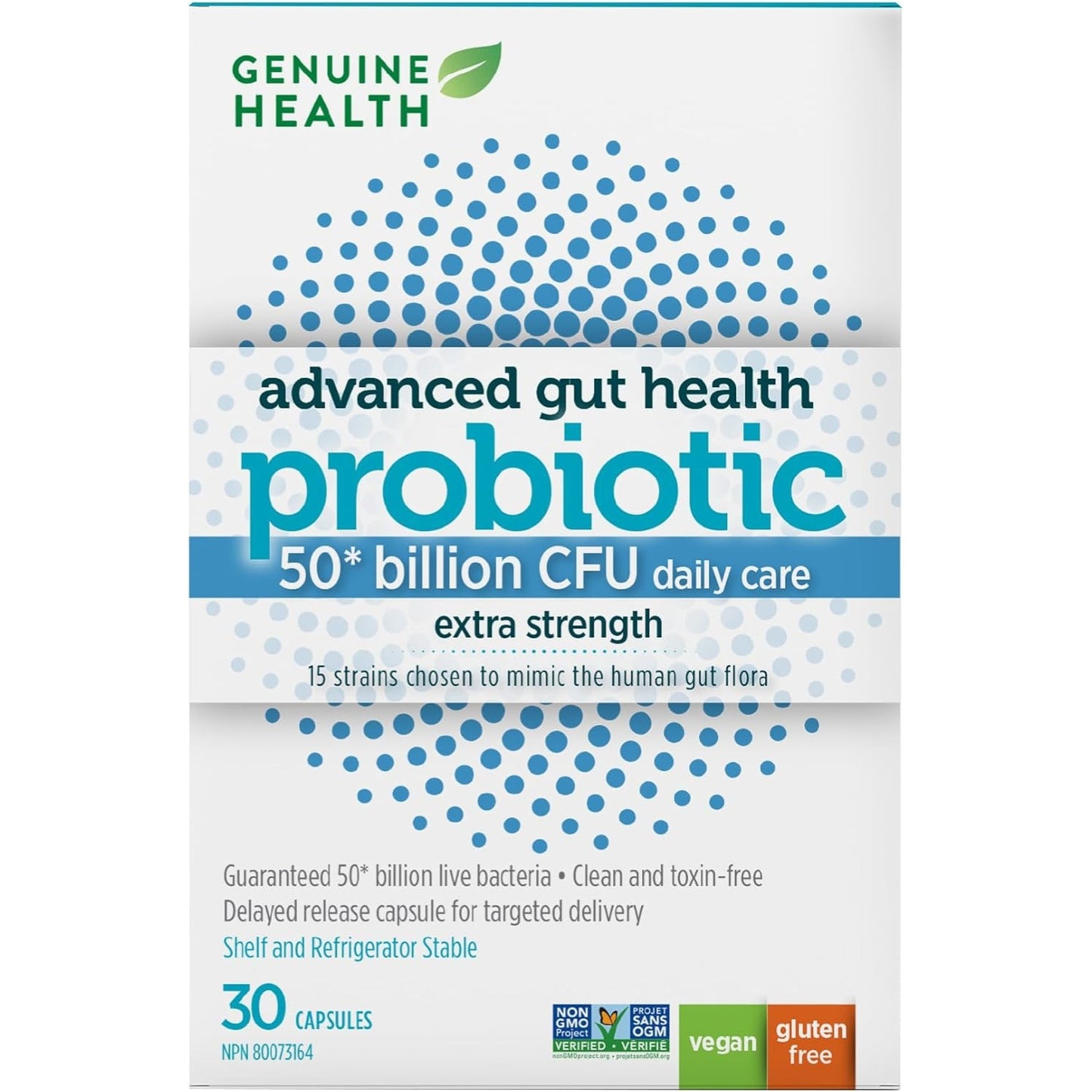 Genuine Health, Advanced Gut Health Probiotic 50 Billion CFU Daily Care Extra Strength, 30 Vegan capsules