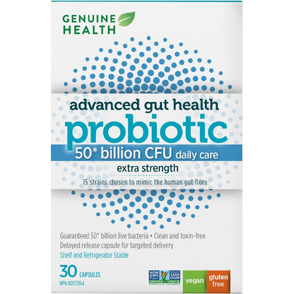 Genuine Health, Advanced Gut Health Probiotic 50 Billion CFU Daily Care Extra Strength, 30 Vegan capsules