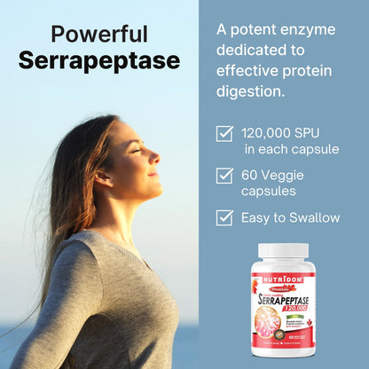 Nutridom Serrapeptase 120,000 SPU, 60 mg, 60 Veggie Capsules