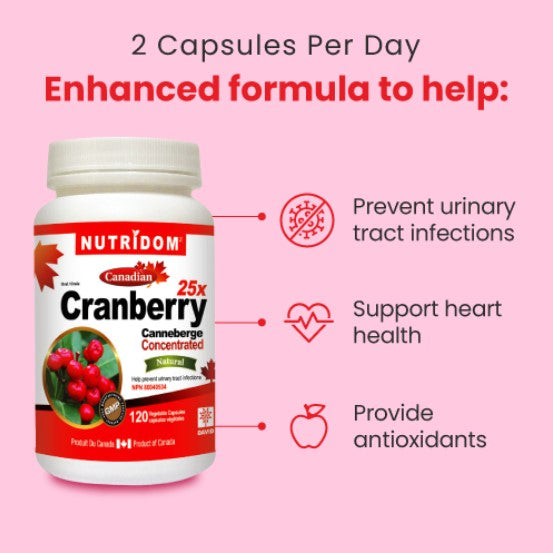 Nutridom Cranberry 25x, Canadian Whole Fruit Concentrate, 500 mg, UTI Support, 120 Veggie Capsules - 3 PACK