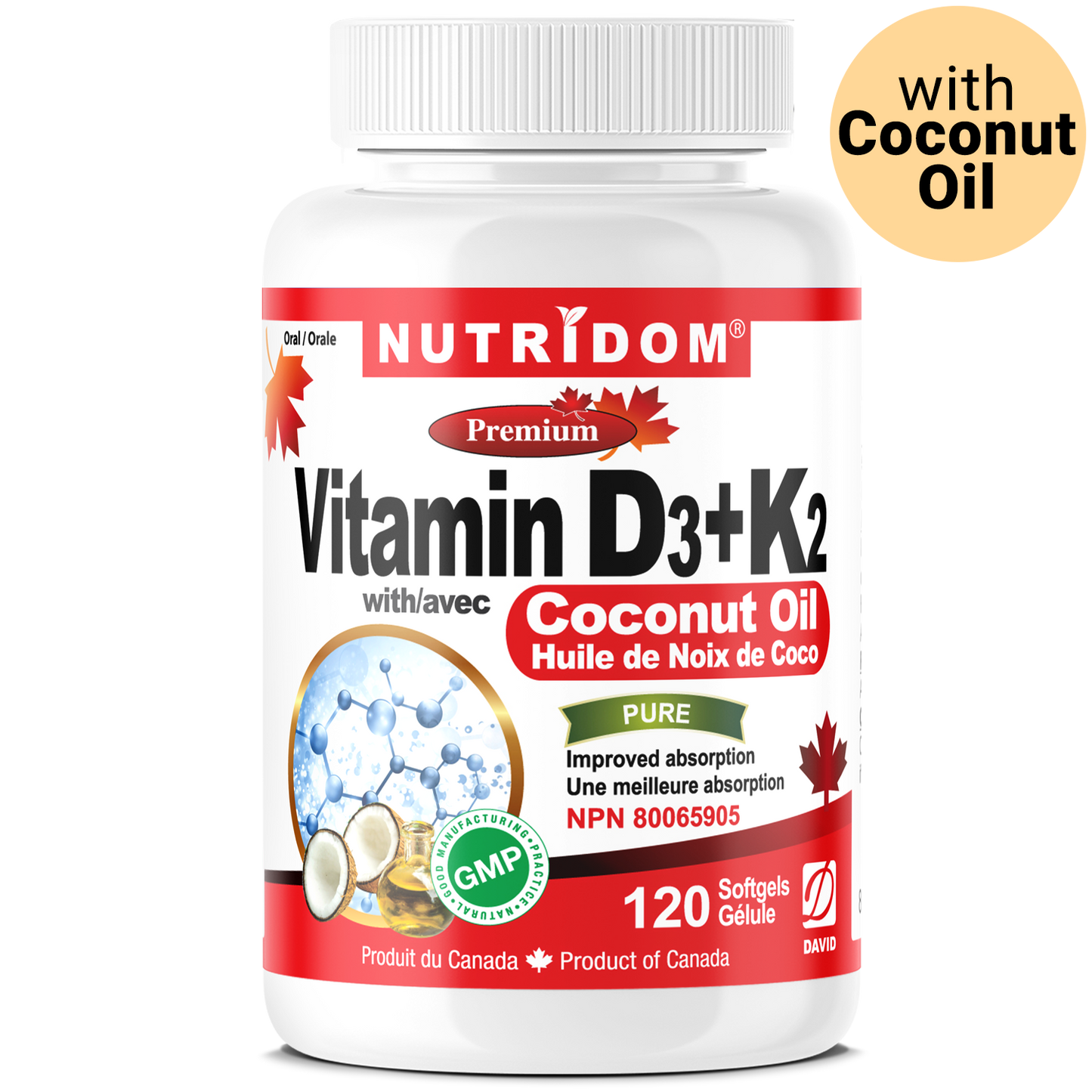 Nutridom Vitamin D3 + K2 with Coconut Oil, 120 Softgels