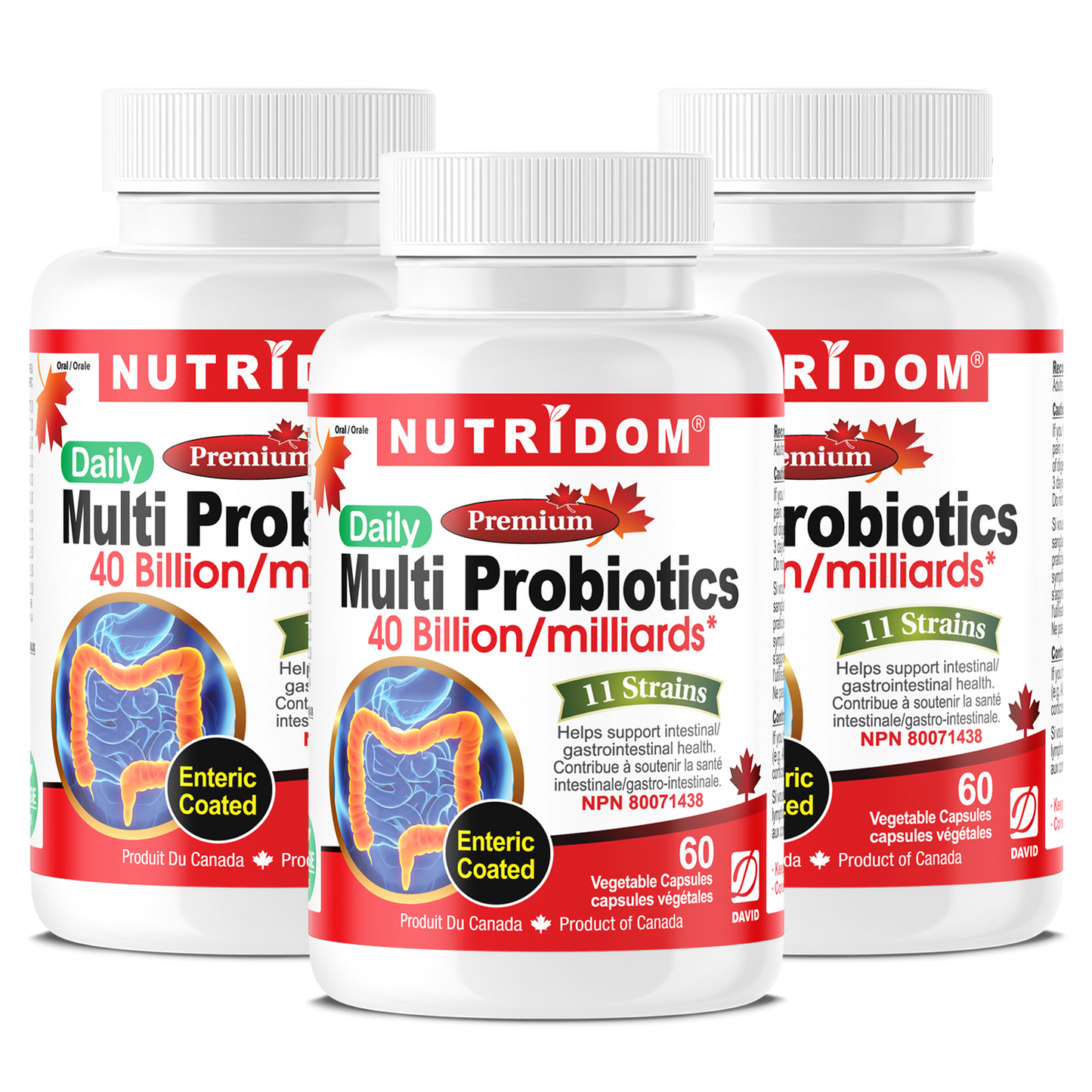 Nutridom Multi Probiotics, 40 Billion, 11 Strains, Enteric Coated, 60 Veggie Capsules - 3 PACK