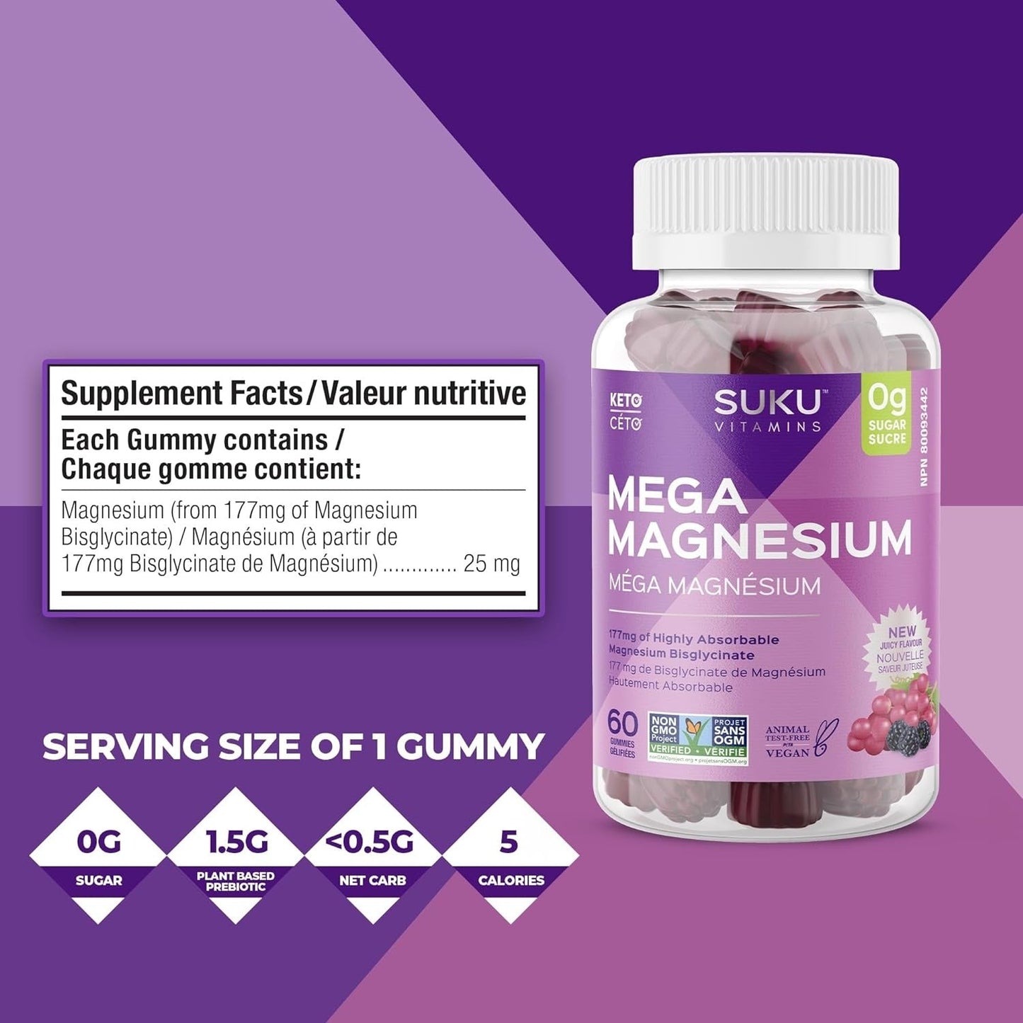 Suku Vitamins - Mega Magnesium Gummies for Muscle Function, Gummy Vitamins with 177mg of Magnesium Bisglycinate, Sugar-and-Gluten-Free, Non-Gmo, 60 Counts