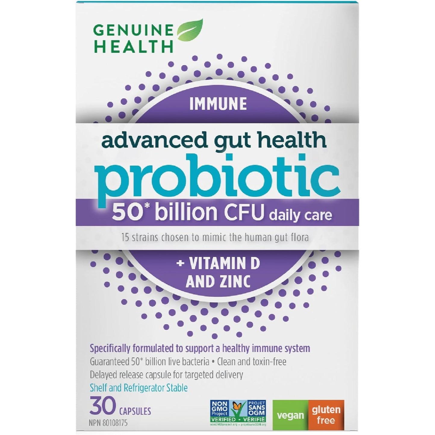 Genuine Health, Advanced Gut Health Probiotic 50 Billion CFU Daily Care Immune + Vitamin D and Zinc, 30 Vegan capsules