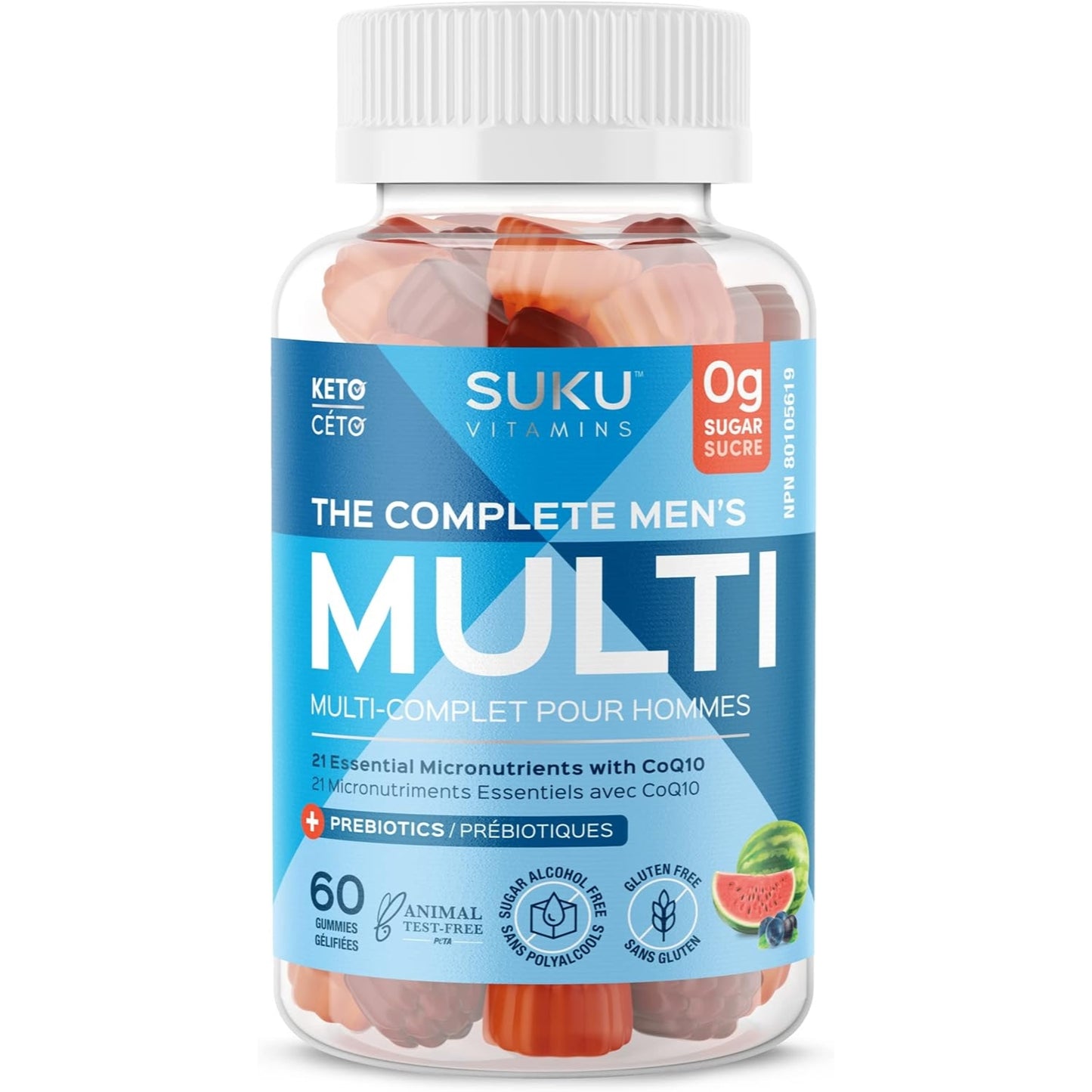 SUKU Vitamins - Men Multivitamin Gummies, Sugar Free, Keto, All Natural, 22 Essential Vitamins/Minerals, C0Q10 Gummy Supplement to Support Men’s Prostate Health, Immune and Liver Function (60 Count)