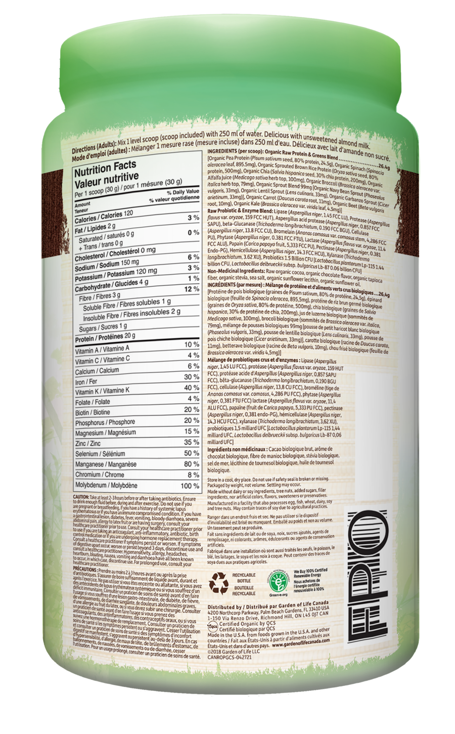 Garden of Life Raw Organic Protein & Greens Powder - Chocolate 610g