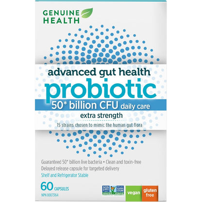Genuine Health, Advanced Gut Health Probiotic 50 Billion CFU Daily Care Extra Strength, 60 Vegan capsules