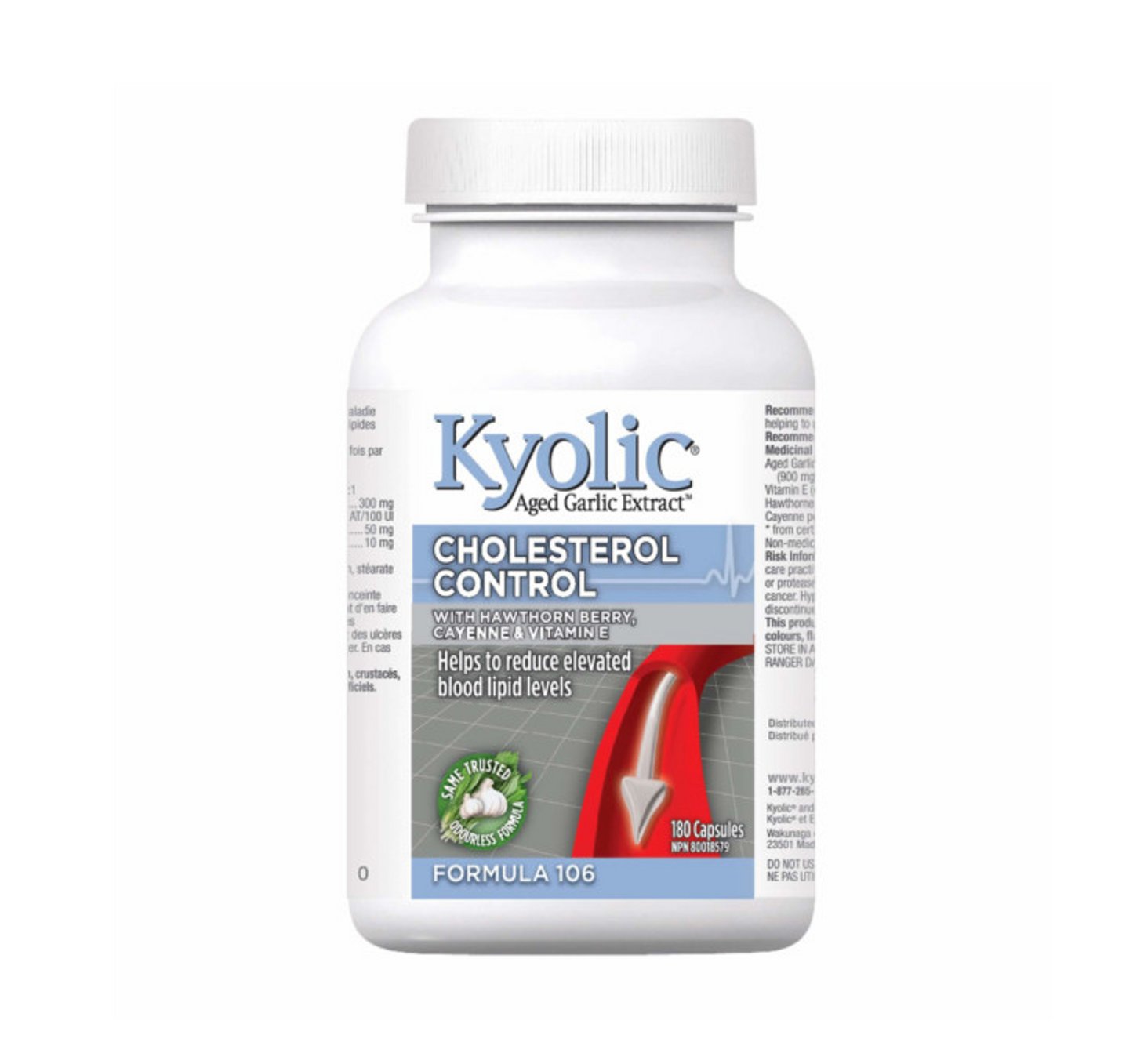 Kyolic Cholesterol Control Formula 106 with Hawthorn Berry, Cayenne & Vitamin E 180 Capsules