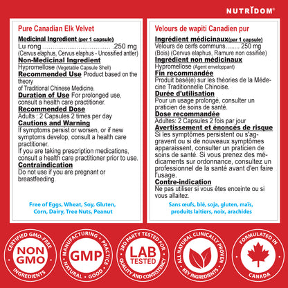 Nutridom Canadian Velvet Elk Antler, 250mg ,30 Veggie Capsules