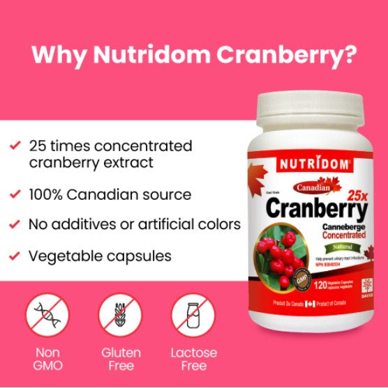 Nutridom Cranberry 25x, Canadian Whole Fruit Concentrate, 500 mg, UTI Support, 120 Veggie Capsules - 6 PACK