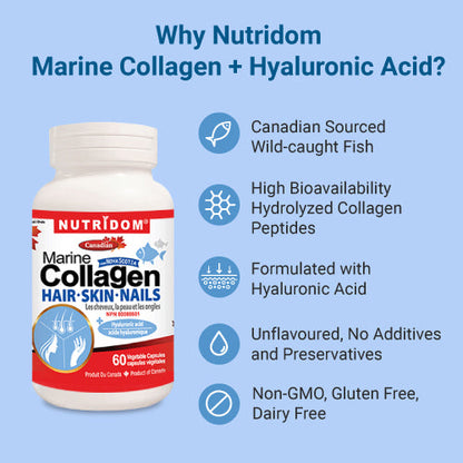 Nutridom Hydrolyzed Marine Collagen Peptides, 600mg,  60 Veggie Capsules - 6 PACK