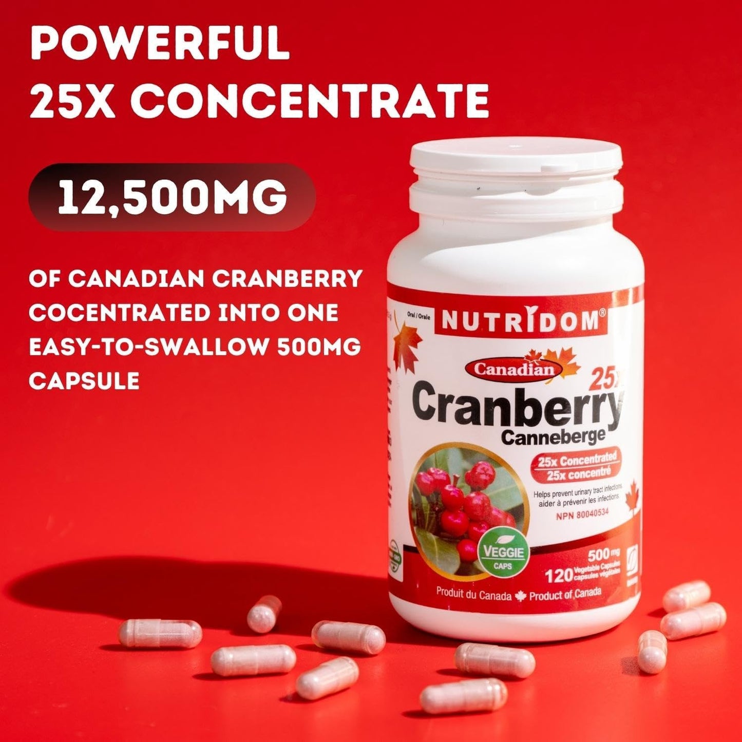 Nutridom Cranberry 25x, Canadian Whole Fruit Concentrate, 500 mg, UTI Support, 120 Veggie Capsules