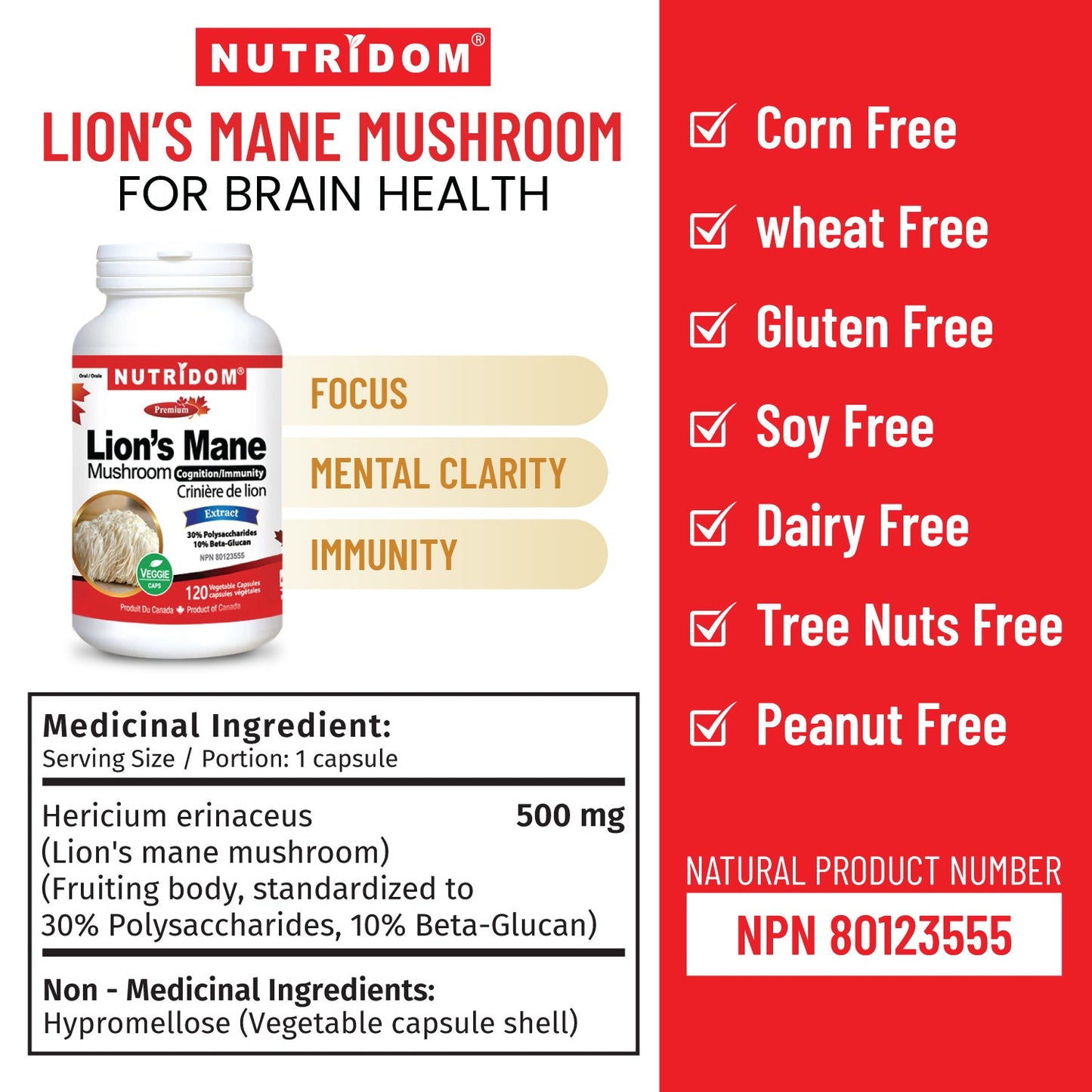 Nutridom Lion's Mane Mushroom, 500 mg, 30% Polysaccharides & 10% Beta-Glucan, 120 Veggie Capsules