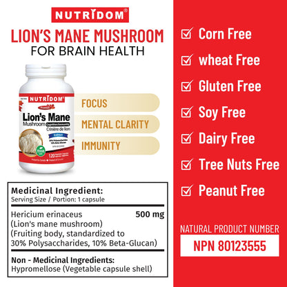 Nutridom Lion's Mane Mushroom, 500 mg, 30% Polysaccharides & 10% Beta-Glucan, 120 Veggie Capsules