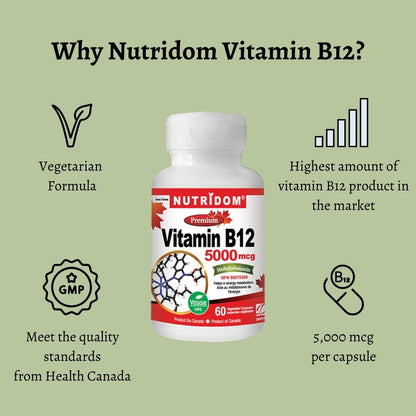 Nutridom Vitamin B12, Methylcobalamin, 5,000 mcg, 60 Veggie Capsules