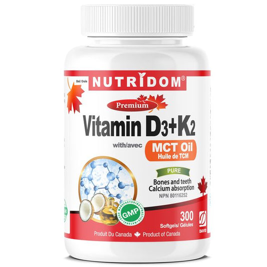 Nutridom Vitamin D3 + K2 with MCT Oil, 300 Softgels