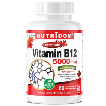 Nutridom Vitamin B12, Methylcobalamin, 5,000 mcg, 60 Veggie Capsules