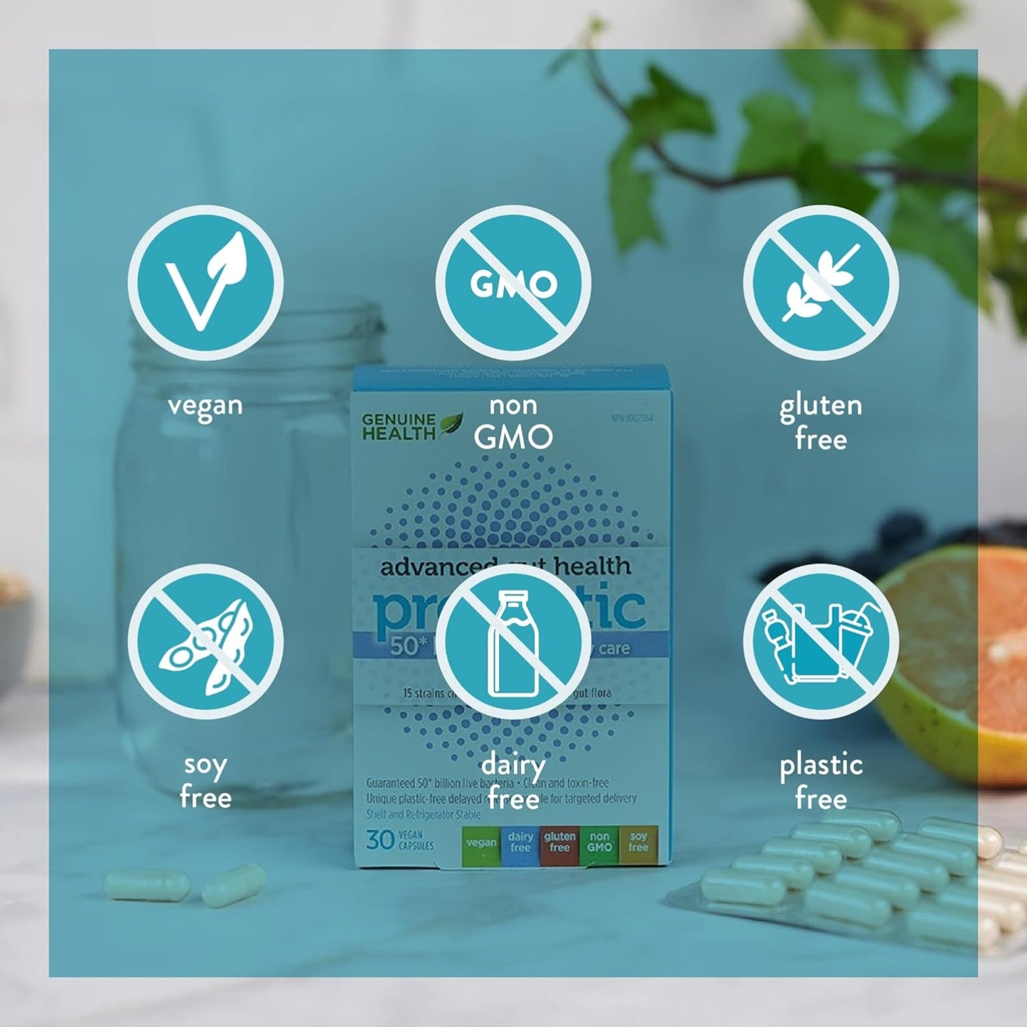 Genuine Health, Advanced Gut Health Probiotic 50 Billion CFU Daily Care Extra Strength, 60 Vegan capsules