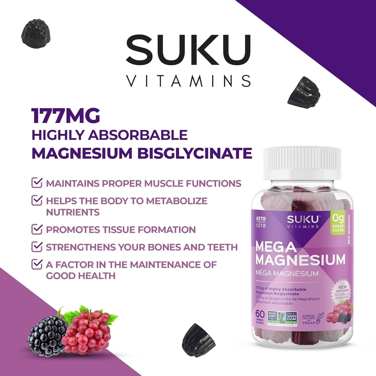 Suku Vitamins - Mega Magnesium Gummies for Muscle Function, Gummy Vitamins with 177mg of Magnesium Bisglycinate, Sugar-and-Gluten-Free, Non-Gmo, 60 Counts