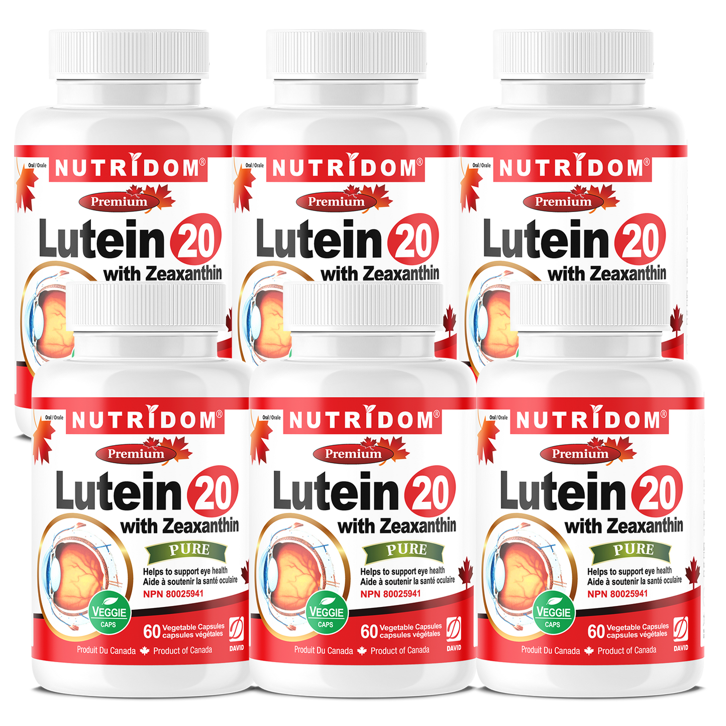 Nutridom Lutein with Zeaxanthin, 20 mg + 2 mg, 60 Veggie Capsules - 6 PACK