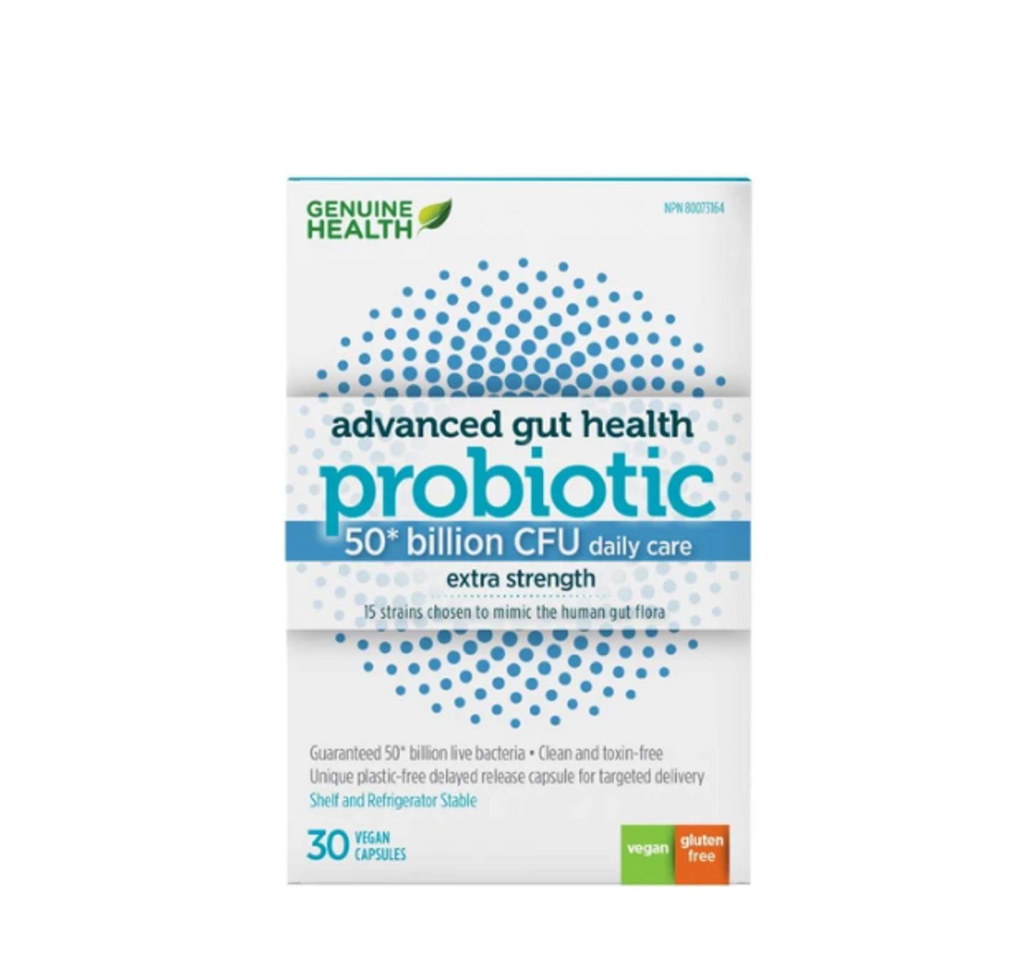 Genuine Health, Advanced Gut Health Probiotic 50 Billion CFU Daily Care Extra Strength, 30 Vegan capsules