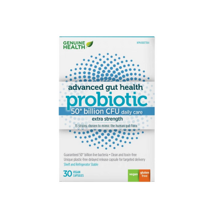 Genuine Health, Advanced Gut Health Probiotic 50 Billion CFU Daily Care Extra Strength, 30 Vegan capsules