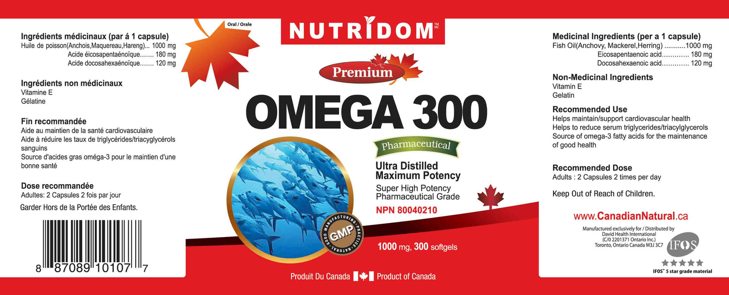 Nutridom Omega 300, Fish Oil, 1000mg, 300 Softgels - 6 PACK