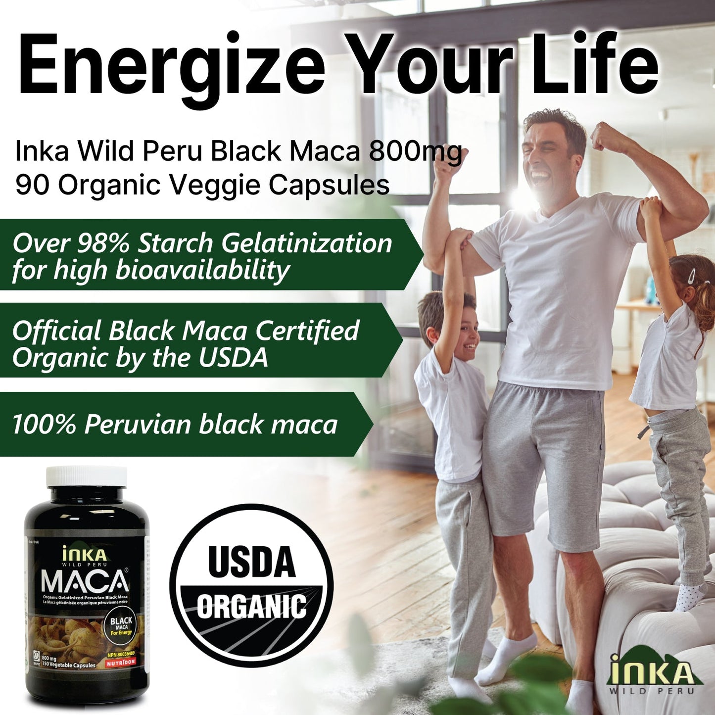 Inka Maca Black, 800 mg, Organic, Gelatinized, 150 Veggie Capsules